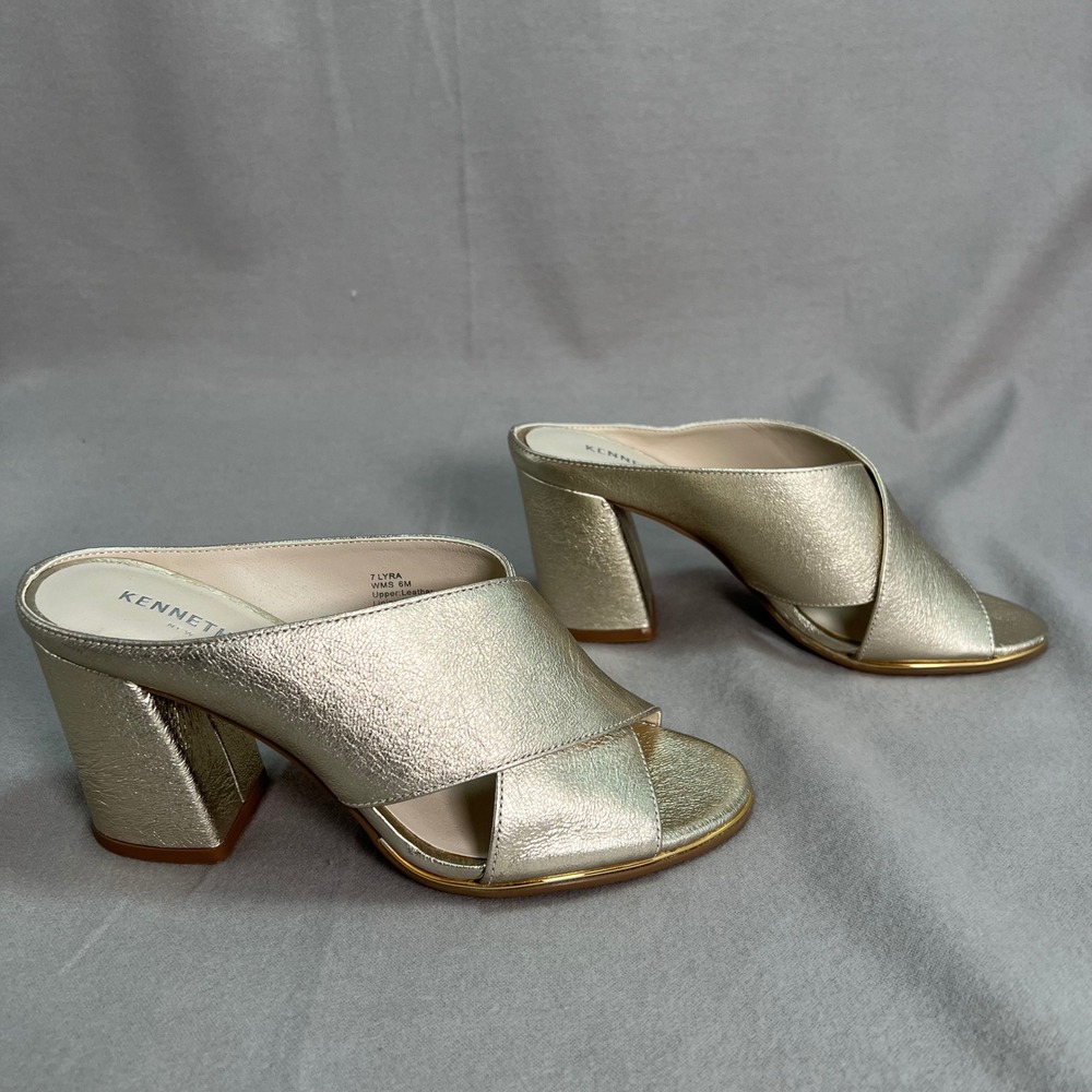 Kenneth Cole Lyra Gold Leather Mules Block Heel Party Chic Metallic Cocktail 7 - Picture 4 of 11